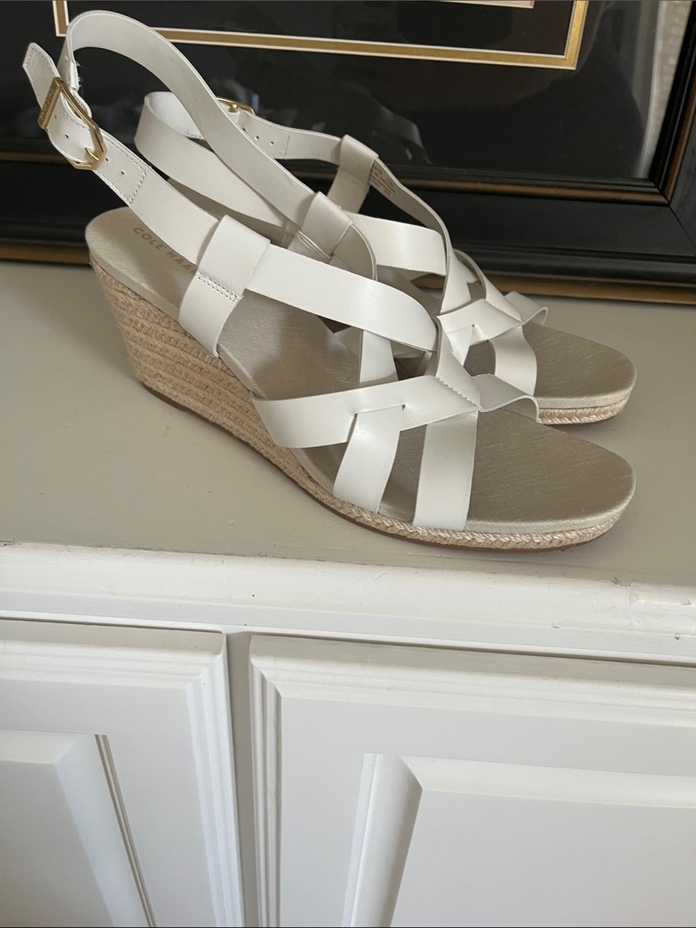 Cole Haan White Leather Espadrille Wedge Sandals